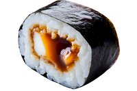 Fresh sushi roll with rice, nori seaweed wrap, and tempura shrimp filling drizzled with sweet soy sauce, isolated on white background for menu design.