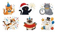 Cartoon cat and animal characters wearing party hats, celebrating with confetti, fireworks and balloons. Isolated clipart elements ready for greeting cards, invitations and festive designs.