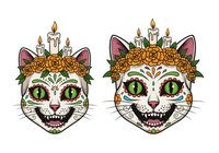 Decorative cat heads with golden roses, candles, and ornamental details isolated on white background, suitable for t-shirt designs, tattoo art, and apparel printing.