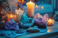 Glowing candles illuminate amethyst and aquamarine crystal clusters on blue textile, creating mystical atmosphere with soft bokeh lights and healing stones.