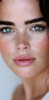 Close-up portrait highlighting natural freckles, green eyes, and defined eyebrows on young woman with minimal makeup and rosy cheeks against light background.