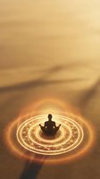 Silhouette of male figure meditating in lotus position within glowing golden mandala circle on sandy desert ground, spiritual energy visualization.