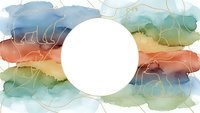 Abstract watercolor background with flowing organic shapes in blue green orange tones featuring central white circle space for text or logo design.