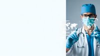 Medical professional in surgical scrubs and mask using digital healthcare technology interface with global connectivity icons.