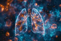 Glowing translucent human lungs with illuminated bronchial tree against cosmic blue and orange nebula background, representing respiratory system visualization.