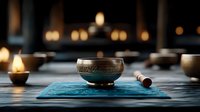 Tibetan singing bowl with wooden mallet on blue yoga mat in candlelit meditation room creating peaceful atmosphere for mindfulness practice and relaxation.