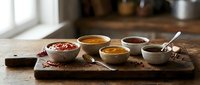 Assorted spices and seasonings in wooden bowls arranged on rustic cutting board in warm kitchen setting for culinary cooking and food preparation.