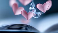 Pink paper hearts floating above open book pages with soft bokeh effect and dreamy atmosphere, romantic literature concept for valentines and love stories.