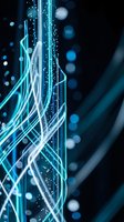 Abstract blue light streams with glowing particles and bokeh effects on dark background for digital technology and futuristic design concepts.