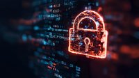Glowing red digital padlock against dark background with binary code, symbolizing cybersecurity and data protection in digital environment.