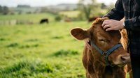 Farmer's hand gently touching brown cow's head in pastoral field with grazing livestock and green meadow landscape background.