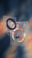 Digital healthcare interface with warning alerts and medical data visualization for technology and health monitoring applications.