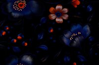 Mystical dark floral pattern with glowing deep blue and coral flowers on black background. Delicate petals create ethereal night garden atmosphere.