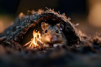 Curious brown mouse peeking from cozy burrow at sunset, warm golden light illuminating its face while hiding under natural forest ground cover and roots.