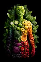 Creative arrangement of colorful fruits and vegetables forming human silhouette against black background, showcasing rainbow spectrum from purple to green.