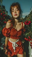 Young woman with auburn hair in red off-shoulder outfit standing among cherry trees during harvest season, warm summer light creating nostalgic countryside atmosphere.