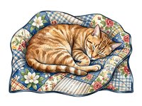 Ginger tabby cat sleeping peacefully on a decorative blue patchwork quilt with floral and checkered patterns, isolated on white background for design use.