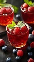Red berry cocktail garnished with fresh raspberries, blueberries and mint leaves in glass. Refreshing summer drink with ice cubes on dark background.