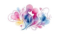 Watercolor floral ornament with hearts and swirls in pink blue purple hues isolated on white background for romantic design projects and decorations.