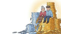 Senior couple sitting on golden coins stack planning retirement savings and financial security for future wealth management.