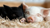 Black cat and pink piglet sleeping together on hay, showing unusual animal friendship and peaceful coexistence in farm setting. Heartwarming close-up of snouts.