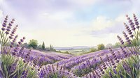 Watercolor lavender field landscape with purple flowers blooming in countryside meadow under soft pastel sky for relaxation and aromatherapy designs.