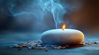 Glowing candle on smooth stone with aromatic smoke rising, surrounded by scattered coffee beans on dark surface, creating peaceful spa atmosphere.