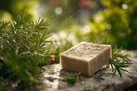 Natural handmade soap bar with rosemary herbs on rustic wooden surface. Organic skincare product for spa treatments and aromatherapy wellness routines.