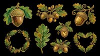 Acorn and oak leaf clipart set with wreaths, branches, and heart frame, isolated on transparent background. Great for fall t-shirt design, stickers, print on demand.