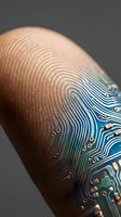 Human fingerprint merged with electronic circuit board patterns showing biometric security technology integration for digital identity verification systems.