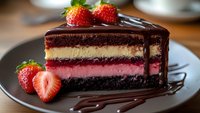 Layered chocolate and strawberry mousse cake slice with dark chocolate ganache topping and fresh strawberries served on gray plate with decorative drizzle.