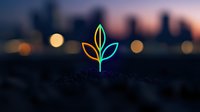 Glowing neon plant sprout symbol against blurred urban night skyline with bokeh lights, representing growth, sustainability and eco-friendly business concept.