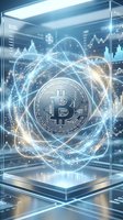 Bitcoin cryptocurrency coin floating in futuristic holographic display with glowing energy rings and financial charts for blockchain technology concepts.