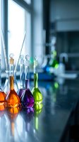 Colorful chemical solutions in glass volumetric flasks and beakers arranged on laboratory bench for scientific research and experimentation.