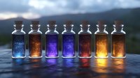 Glowing potion bottles with luminescent liquids in blue, purple, red, and orange hues arranged in a row on a wet surface with blurred mountains in the background for fantasy game design.