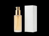 Luxury glass serum bottle with gold pump dispenser and white box, isolated on transparent background. Ready for cosmetic branding, packaging mockups, and print on demand.