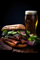 Juicy smoked brisket sandwich with fresh vegetables and cold craft beer on dark background. Perfect for restaurant menu, food delivery advertising or pub promotion.