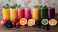 Fresh colorful smoothies and juices in glasses with raw ingredients including orange, lemon, berries, kiwi, and mint leaves arranged on wooden surface.