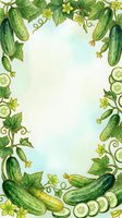 Cucumber frame with yellow flowers, green leaves, and sliced vegetables on white background, isolated and ready for menu design, recipe cards, food packaging, and culinary marketing materials.