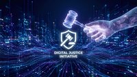 Digital hand holding glowing gavel above shield icon with digital justice initiative text on blue tech background for legal technology concepts.
