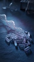 DNA double helix structure with pharmaceutical capsules and pills on laboratory surface representing genetic medicine and personalized healthcare research.