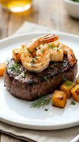 Grilled steak topped with seasoned shrimp, roasted sweet potato cubes, and fresh rosemary garnish on white plate for fine dining restaurant menus.