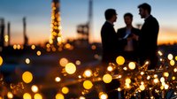 Silhouettes of three people networking at rooftop party with string lights and golden bokeh at sunset, urban skyline background creates magical atmosphere.