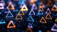 Glowing neon triangles floating on dark background with bokeh effect create futuristic geometric pattern for technology and digital design concepts.