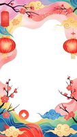Asian festival frame with red lanterns, cherry blossoms and traditional clouds on white background for celebration design and greeting cards.