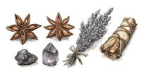 Watercolor collection of natural elements featuring star anise, amethyst crystals, dried lavender bouquet and sage smudge stick on white background, ready for spiritual designs.