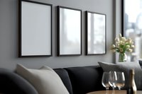 Modern living room interior with three empty black frames on gray wall above dark sofa, wine glasses and tulips in vase on wooden table, soft focus.