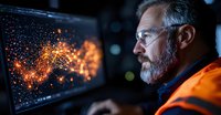 Mature bearded engineer in safety vest analyzing digital network visualization with glowing orange data points on dark screen in control room environment.