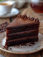 Rich chocolate layer cake slice with dark ganache filling and decorative piped frosting on vintage plate, close-up view showing moist texture and decadent layers.