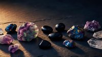 Collection of healing crystals and gemstones including amethyst, fluorite, and obsidian arranged on rustic wooden surface for spiritual wellness practices.
